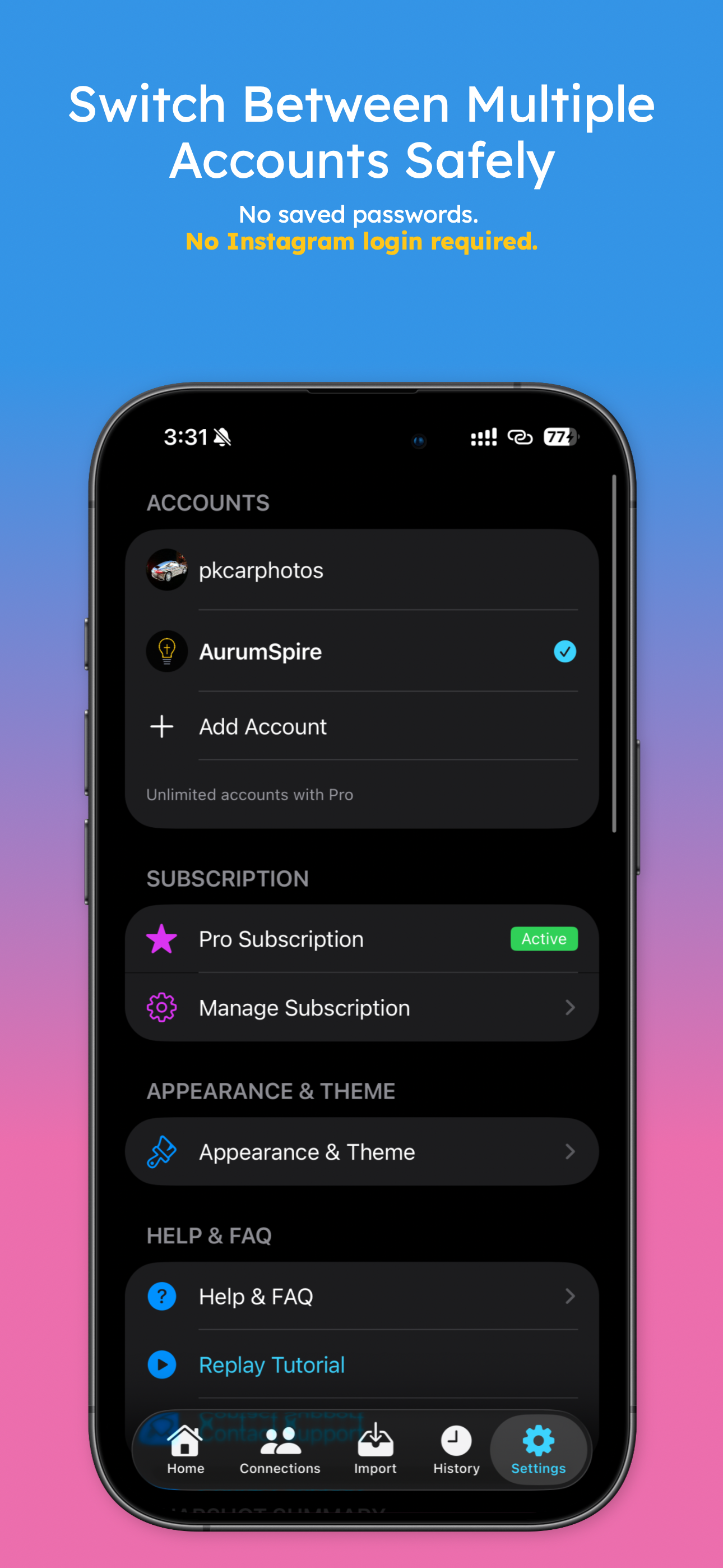 Settings view showing multiple accounts, add account, and subscription