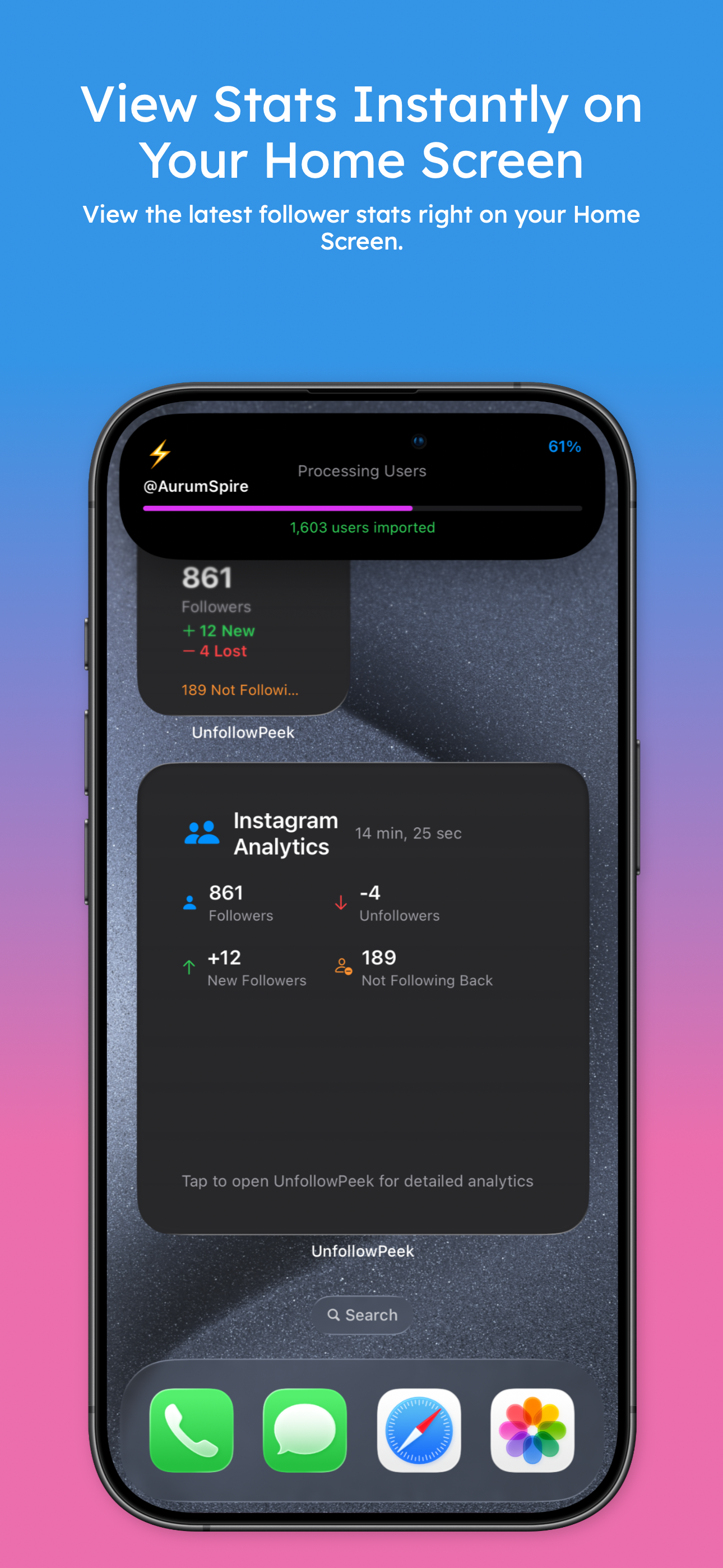 Home screen widgets and Live Activity showing follower stats and import progress