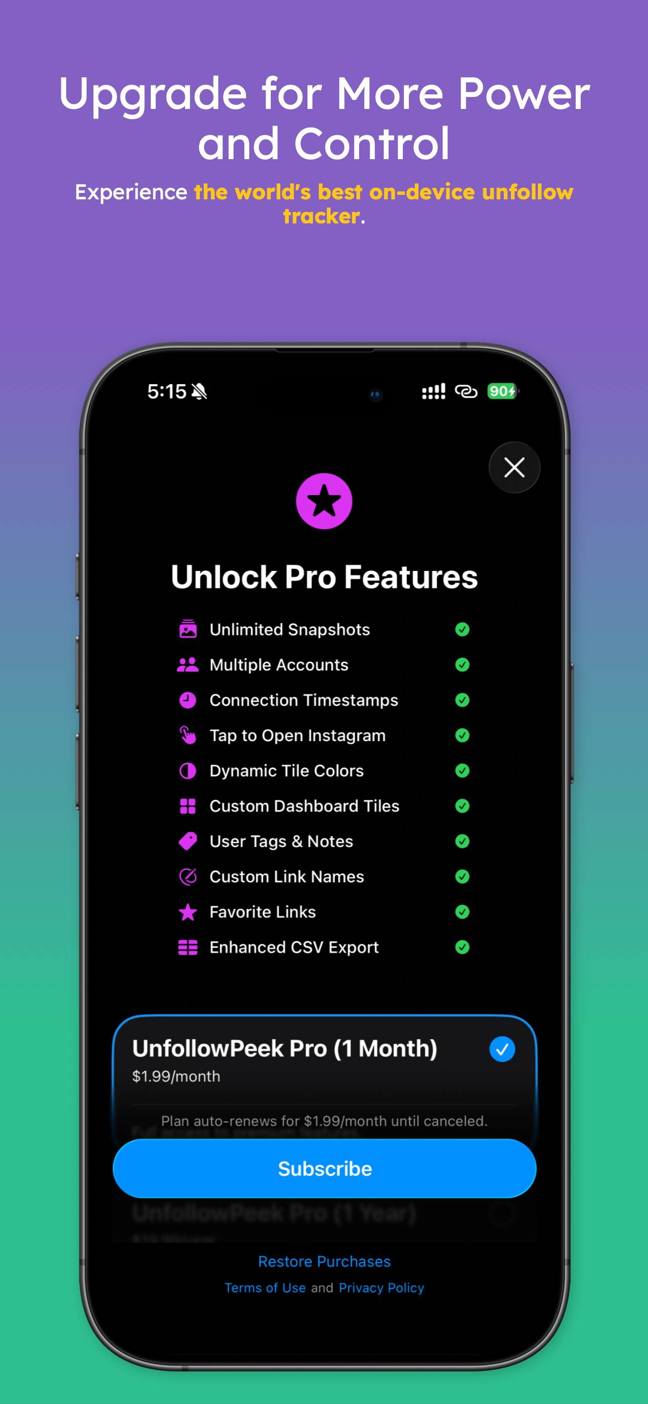 UnfollowPeek Pro upgrade screen with feature list and monthly price
