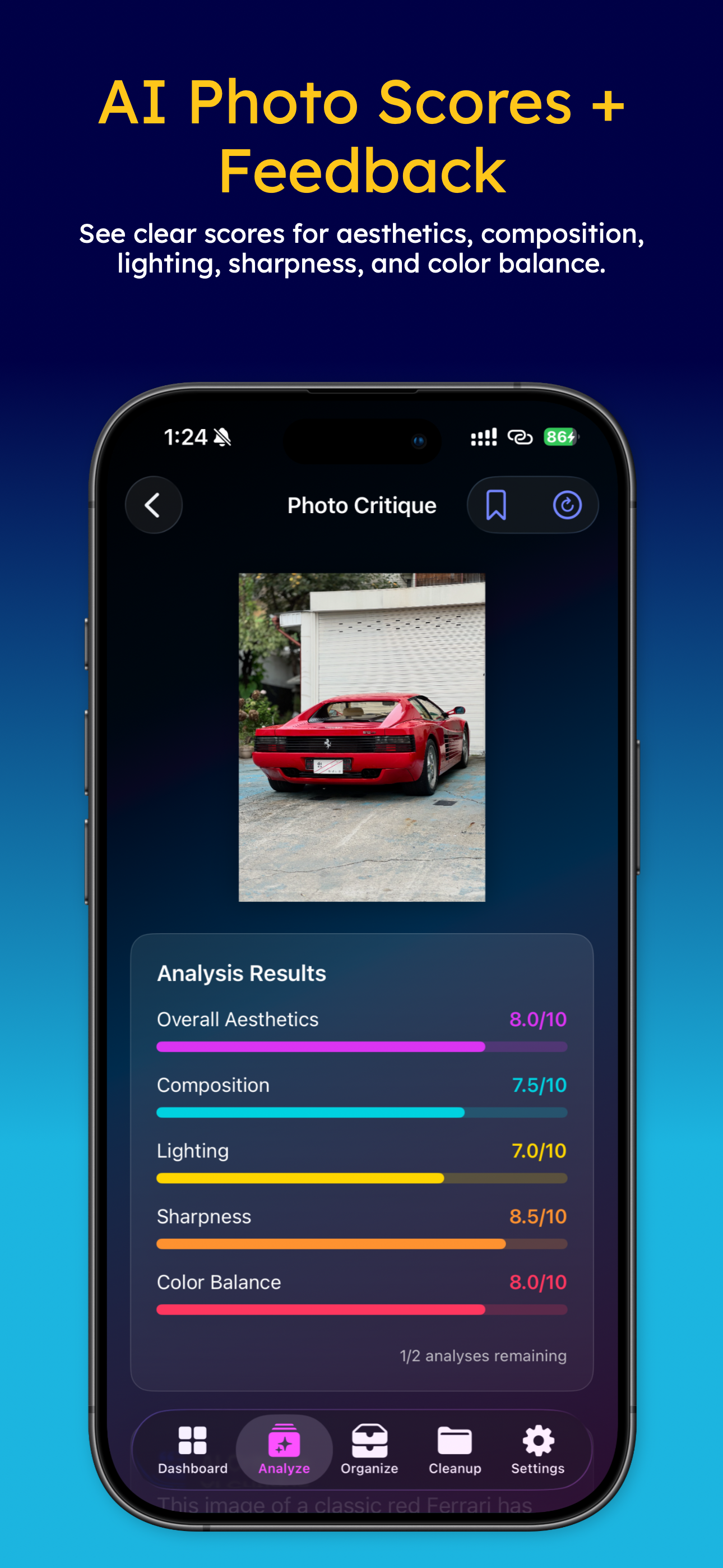 Photo Critique screen with Analysis Results showing scores for Overall Aesthetics, Composition, Lighting, Sharpness, and Color Balance