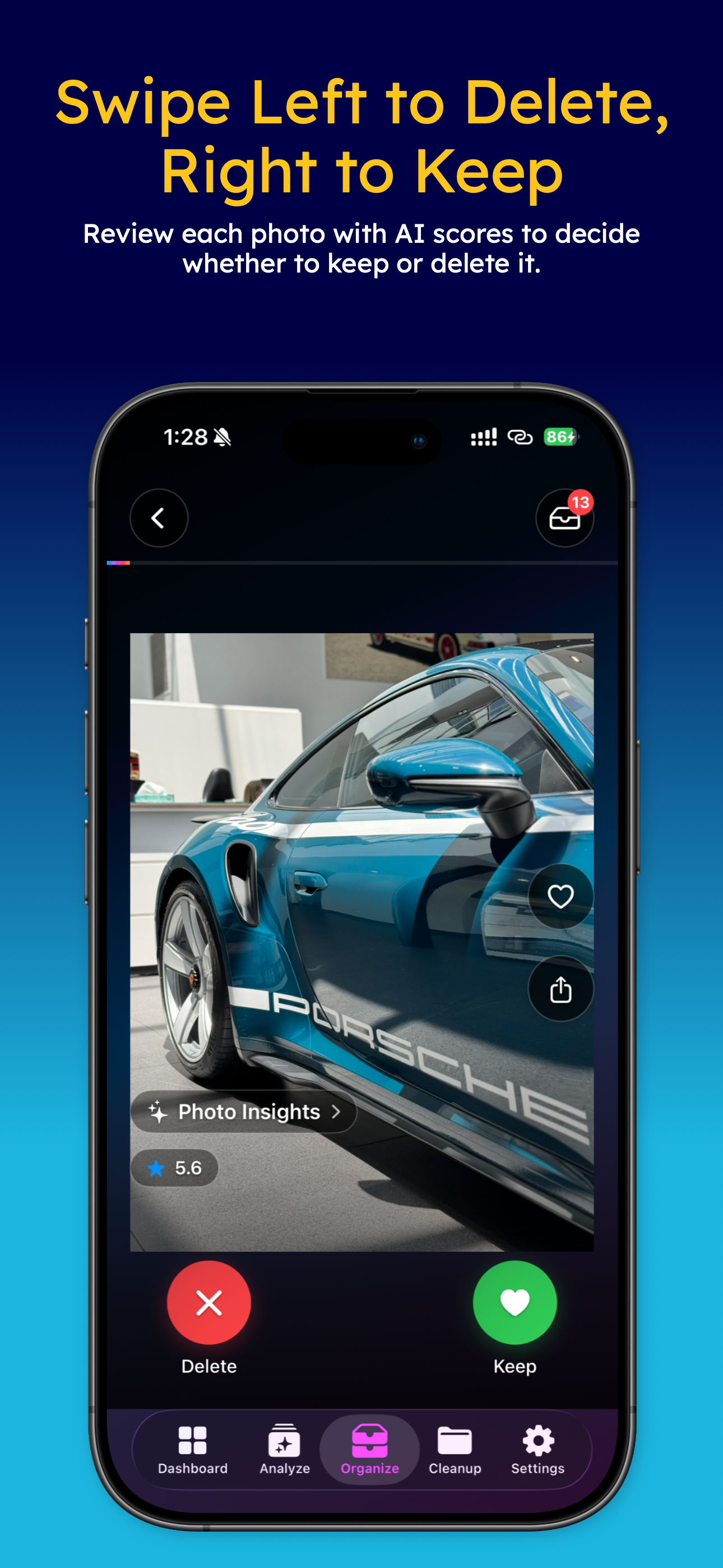 Photo review interface with AI score, Delete and Keep buttons