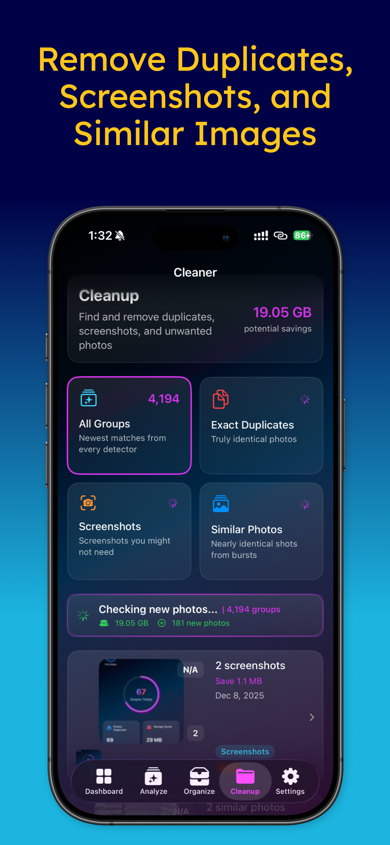 Cleanup screen showing potential storage savings with categories for All Groups, Exact Duplicates, Screenshots, Similar Photos